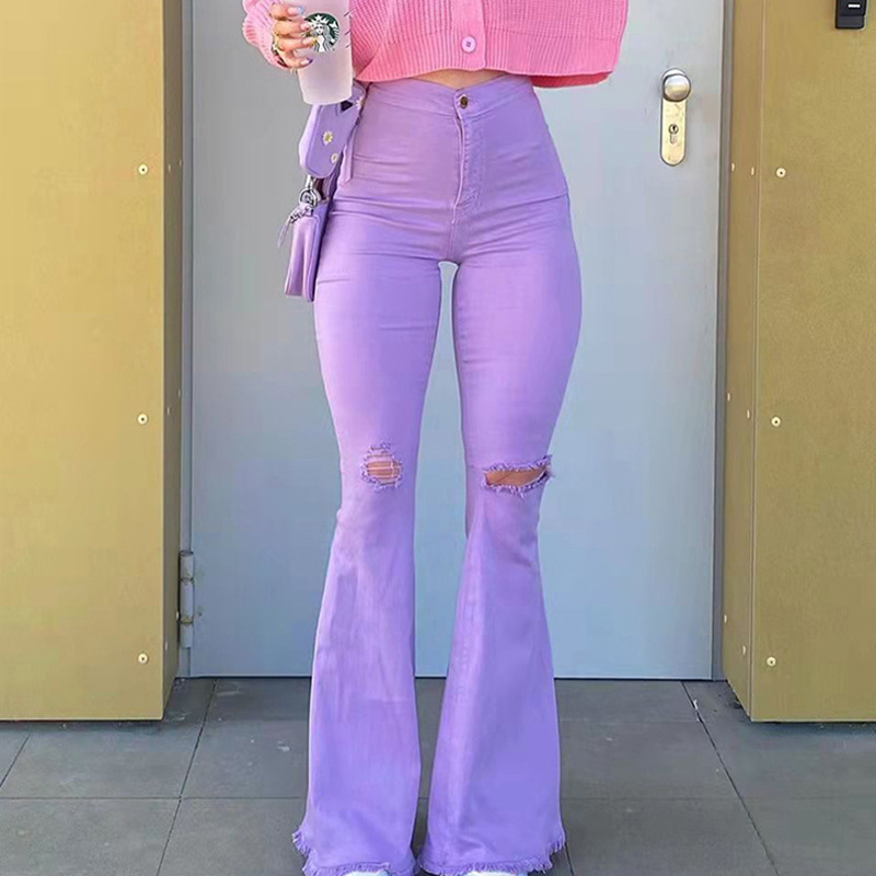 Wt245 90S Flared Jeans for Women High Waist Fashion Streetwear Purple Stretch Loose Ripped Jeans