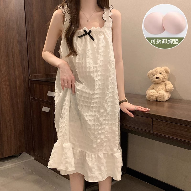 YZQ_Q403#서스펜더 스커트, 버블 체크무늬 - 화이트 (가슴 패드 포함)