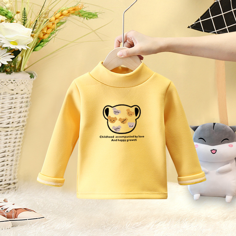 2023 otoño e invierno nuevos niños de terciopelo camisa de fondo estilo occidental medio cuello alto manga larga bebé niña dibujos animados camiseta interior moda