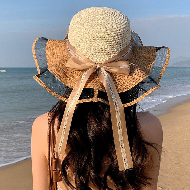 Sombrero de paja con lazo – estilo veraniego, ala ancha, para playa o vacaciones al aire libre