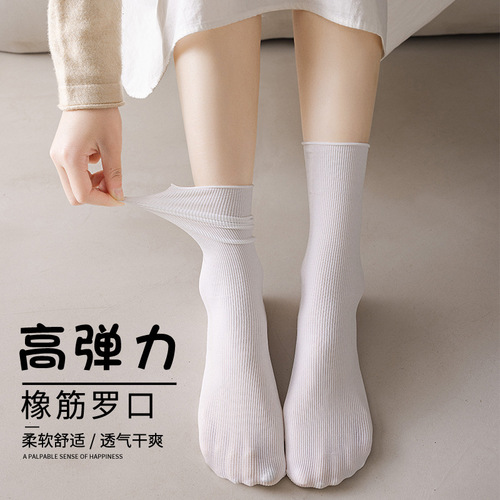 Velvet socks for girls spring and summer new style ice socks solid color mid-calf socks rolled edge ice silk socks wholesale