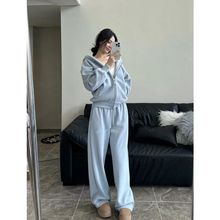 大码简约纯色休闲运动套装女秋冬胖妹妹连帽外套+阔腿裤两件套