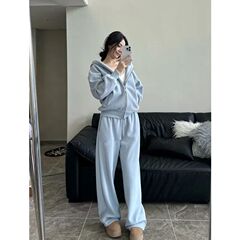 大码简约纯色休闲运动套装女秋冬胖妹妹连帽外套+阔腿裤两件套