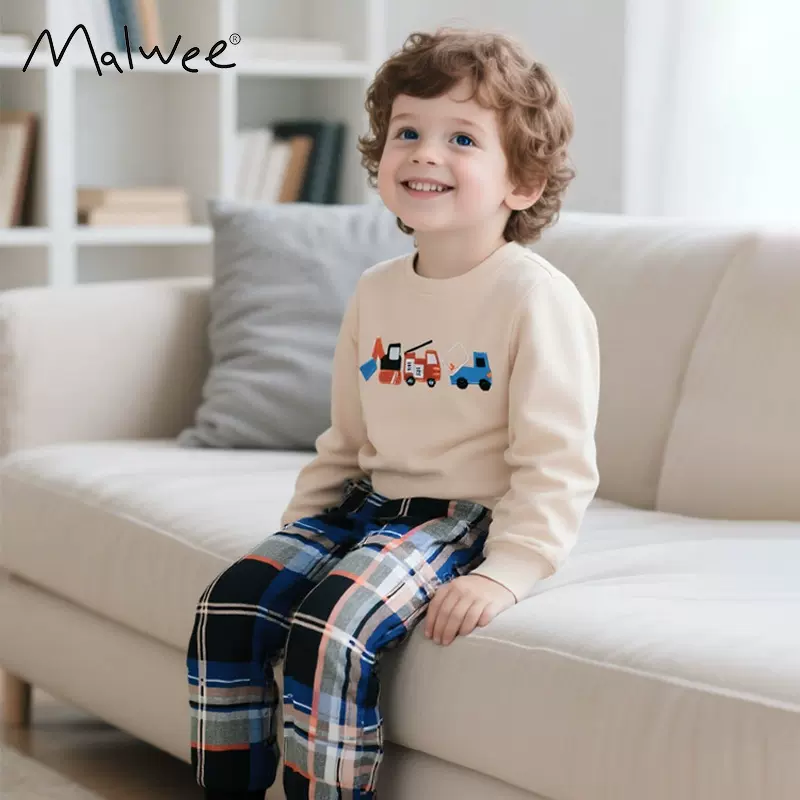 跨境malwee男童两件套秋冬新款帅气小男孩家居服欧美中小童套装
