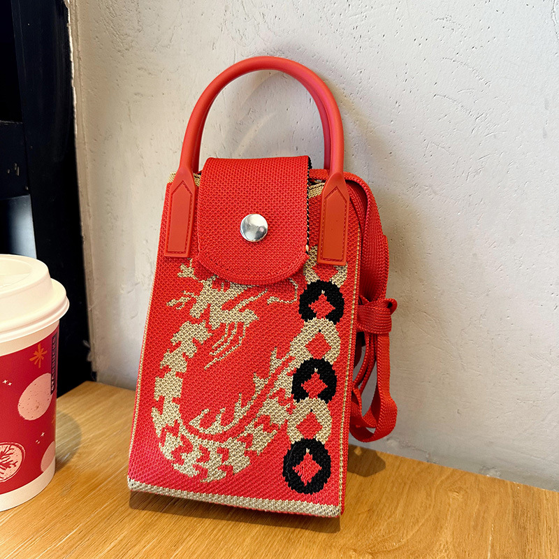 2024 Dragon Year mini bolso del teléfono móvil de Año Nuevo de moda todo-Partido estilo étnico bolso de cuero con el regalo de punto bolsa de mensajero portátil