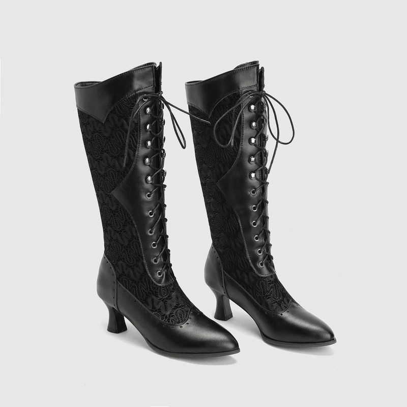 Mesh Boots with Pointed Toe, Thick Heel, Medium Heel, Lace-Up Martin Boots, Hollow Fashion Spring and Autumn New Women's Knee-High Boots, No More Than Knee-High