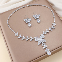跨境套装 时尚潮流锆石耳环项链ins白色蝴蝶流清新首饰气质锁骨链