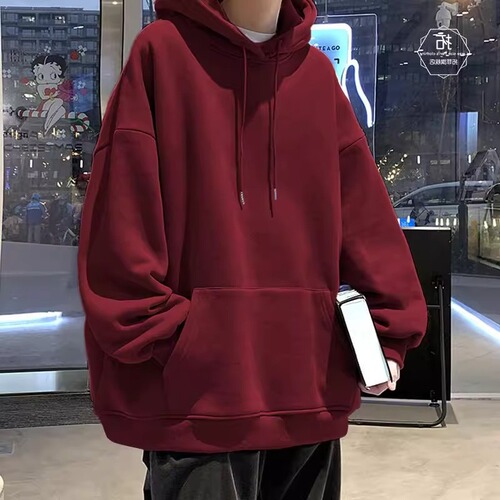 American casual basic style solid color hooded hooded hoodie men's autumn and winter fashion brand velvet loose burgundy top coat