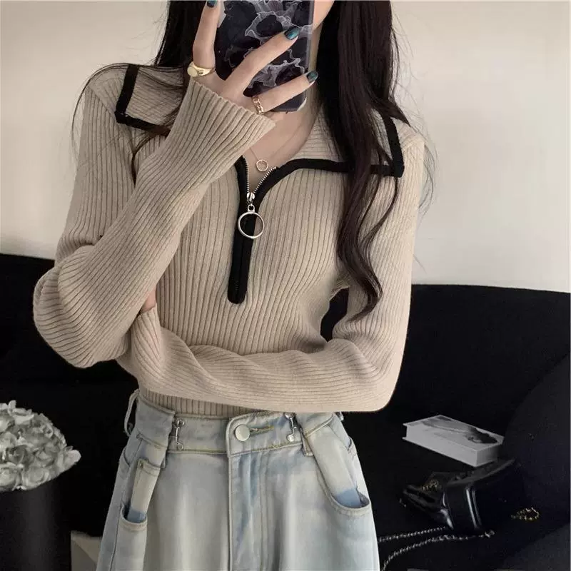 感撞色半拉链翻领毛衣女秋冬东莞大朗打底修身显瘦针织衫上衣女装