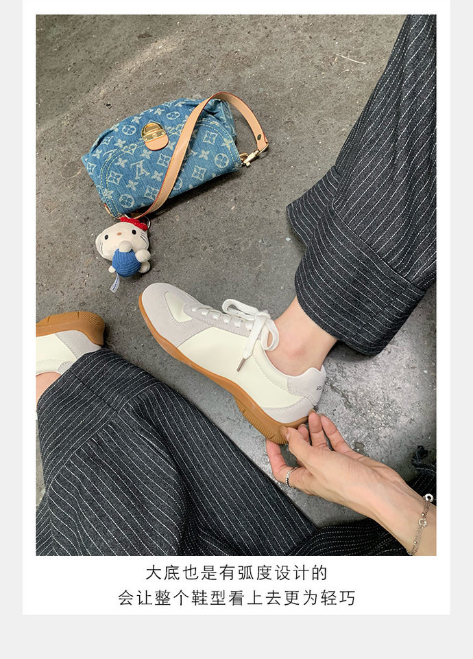 Giày sneaker nữ da bò phối màu mũi tròn dây buộc tăng chiều cao — Màu trắng nhạt, màu sô cô la, màu vàng, màu đen chi tiết 32