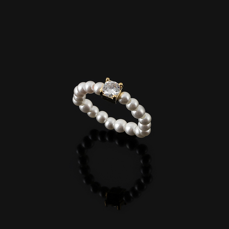 J16 High-End Square Zircon Pearl Elastic Ring Accessible Luxury Versatile Index Finger Ring Niche Elegant Fashion Ring