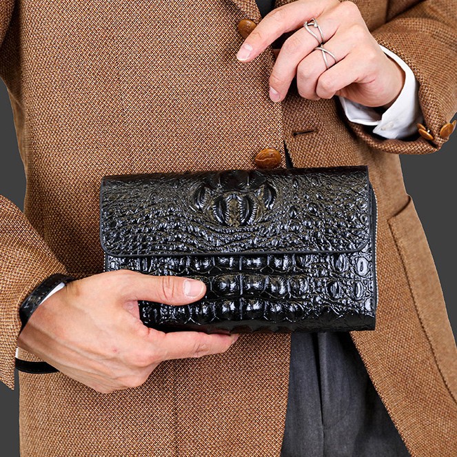 Borsa da uomo di alta gamma con stampa coccodrillo, elegante pochette da lavoro con doppia cerniera e portafoglio multifunzionale, nera e marrone._voghion.com