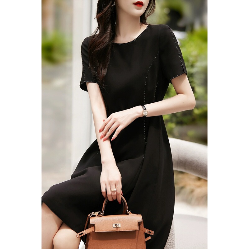 French elegant ~ three-dimensional cut waist slimming bright line decoration elegant acetate dress small A- line skirt mid skirt autumn