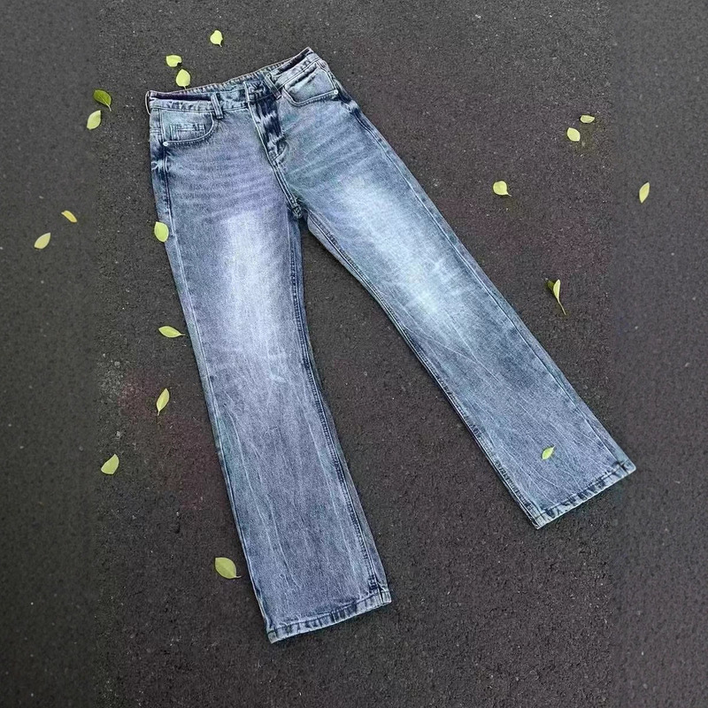Cross-Border Foreign Trade Lightning Ripple Ice Blue Denim Must-Have Heavy-Duty Washed Bamboo Straight-Leg Micro-Flared Jeans for Men