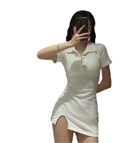 Navy-style women's summer dress: sexy, elegant, waist-defined, figure-flattering, short-sleeved, with a notched lapel and A-line silhouette