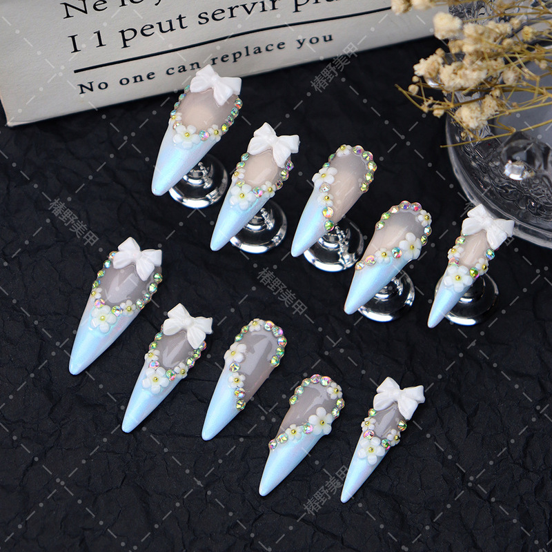 Pressonnails Popular Pointed-Shaped Nail Art Wholesale European and American Women's Fine Glitter Gentle Blue French Style Rhinestone Press-On Nails