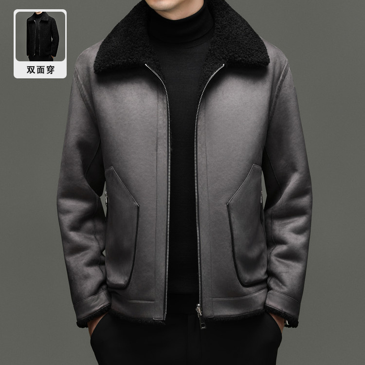 Reversible Jacket Autumn and Winter New Style Lapel Shearling One-Piece Jacket Men's Short Style