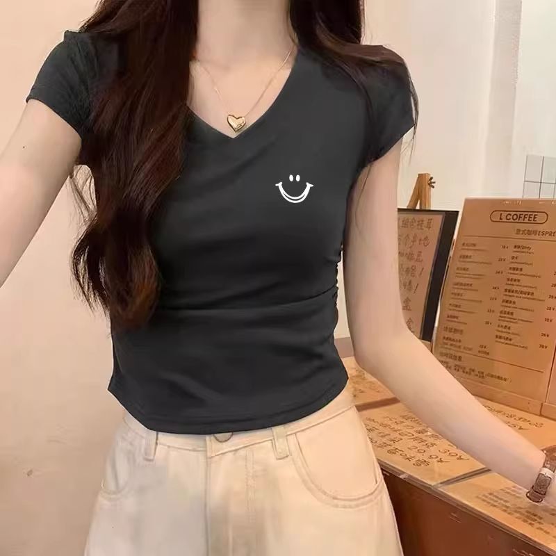 純綿夏の新しいスタイルの女性用Vネック半袖Tシャツ、スリムフィット、プリーツホットガールトップ|undefined