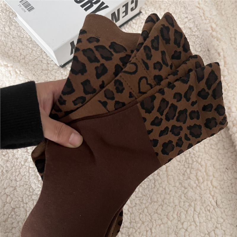 Zhiji Autumn and Winter New Leopard Print Coffee-Colored Trendy Women's Mid-Calf Socks in Melard Color Series, Korean Style Fashion Trend Versatile