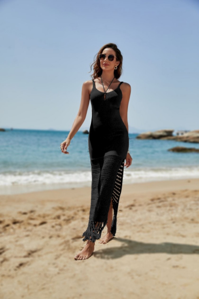 2023 Nuevo Amazon sexy de punto hueco de la blusa de la playa con cordones borla bikini traje de baño Vestido de playa-