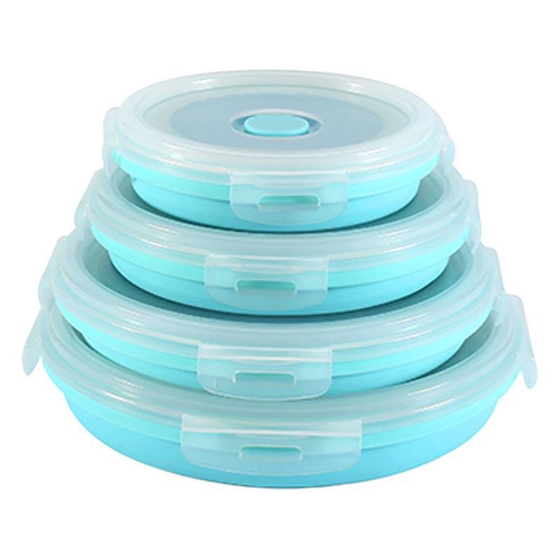 Plegable lonchera redonda de silicona horno microondas calefacción refrigerador sellado tazón fresco estudiante Bento caja de alta temperatura resistente de una sola capa