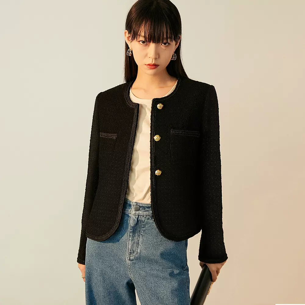 【盛都】清仓经典羊毛小香风金扣圆领小个子通勤短款上衣外套女