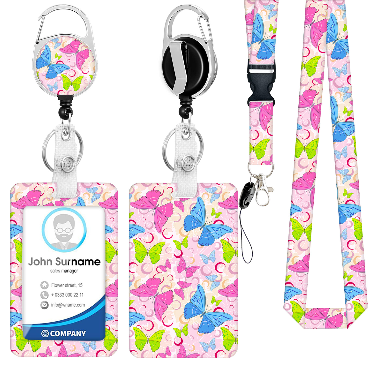 Redondo aleación de zinc mariposa epoxi hebilla fácil de tirar flor fácil de tirar poliéster Cordón de transferencia térmica Certificado de impresión titular de la tarjeta