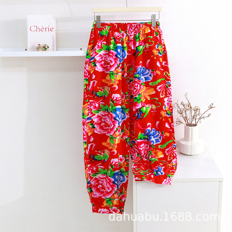 Large Flower Artificial Cotton Silk Bloomers Ethnic Style Middle-Aged and Elderly Women's Spring and Summer New Pants Loose Casual Beach Pants