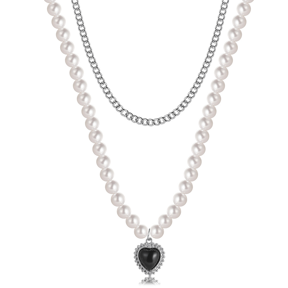 Creative Simple Multi-layer Black Heart Double-layer Pearl Chain Alloy Necklace display picture 2