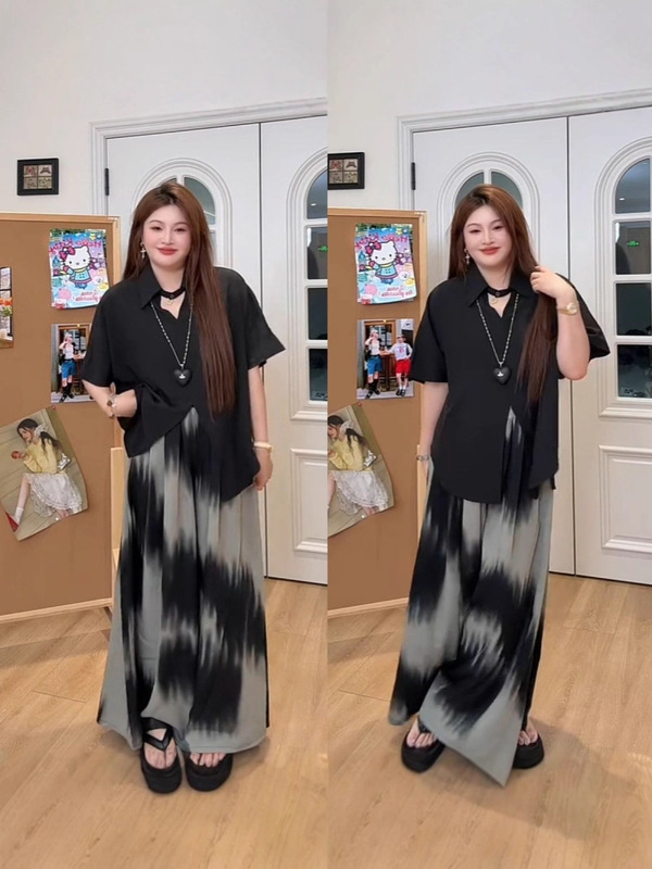 韩系设计感短袖衬衫+晕染裤裙两件套女大码新款休闲宽松时尚套装|undefined