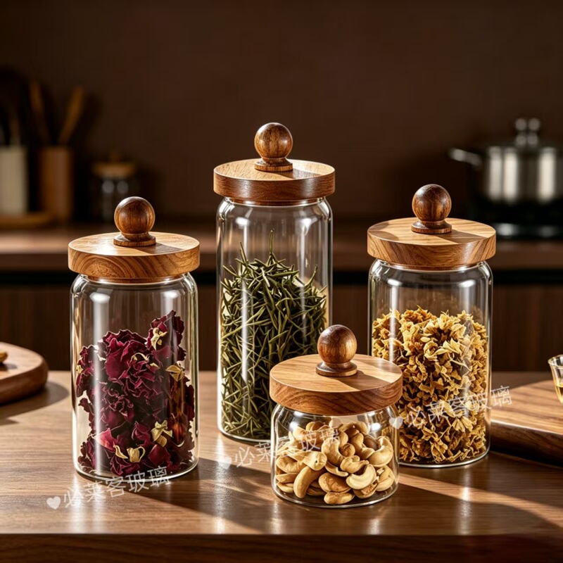 Acacia wood glass sealed jar, universal kitchen storage jar, coffee and flower tea display jar, transparent glass storage jar Acacia wood glass sealed jar, universal kitchen storage jar, coffee and flower tea display jar, transparent glass storage jar