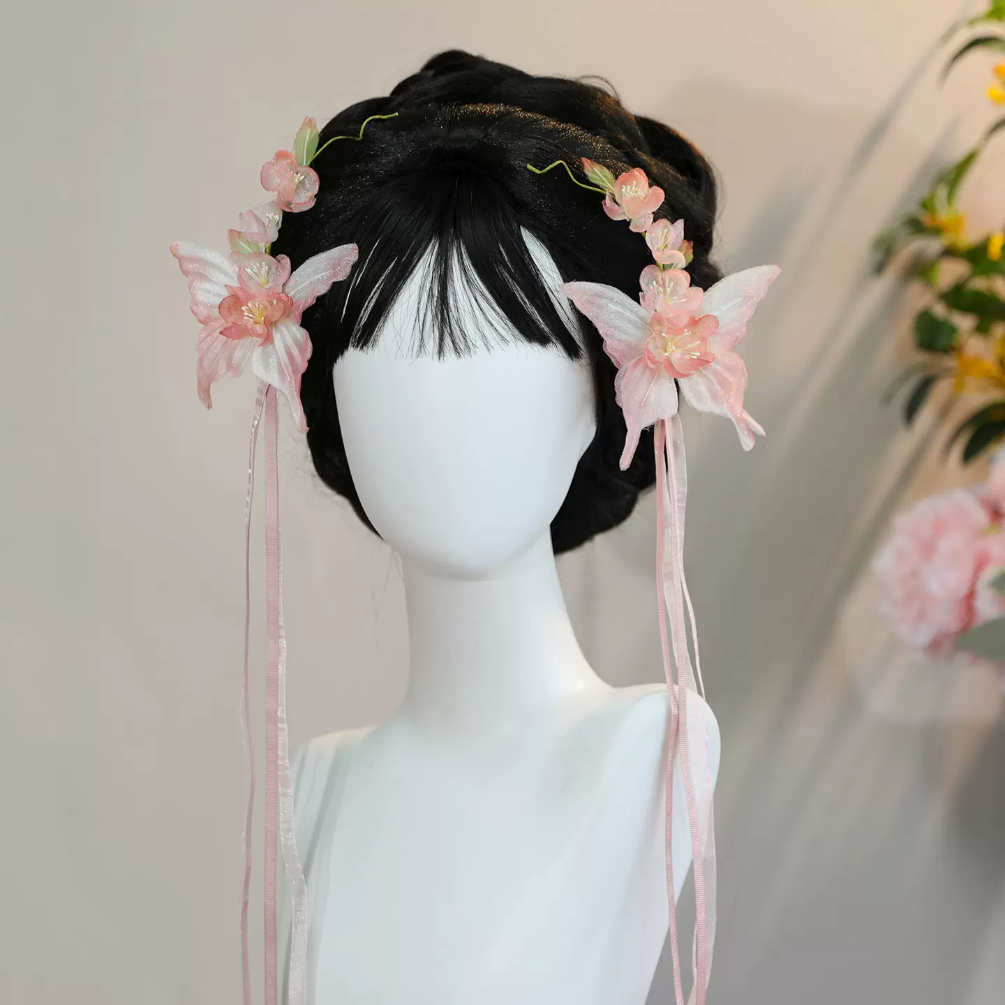 2026古风原创纯手工汉服粉色绢纱百搭小清新蝴蝶飘带发夹烫花发饰