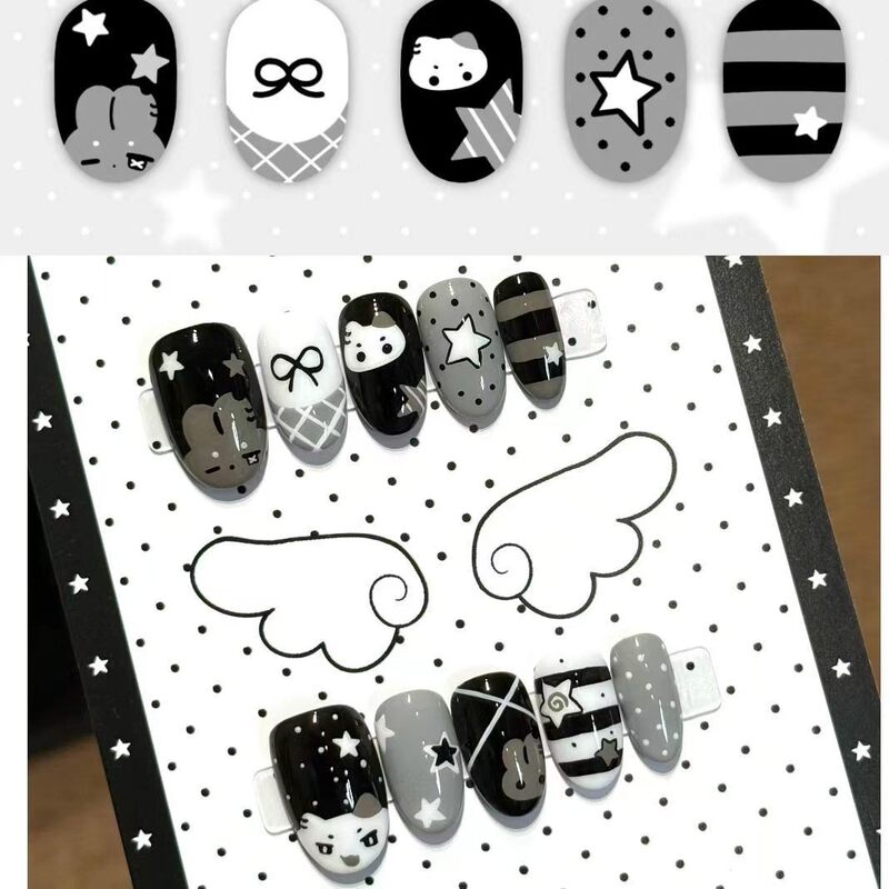 Black and white KT cat star bowknot press-on nails with polka dots and stripes, cute and cool soft adorable fake nail patches for cross-border sales Black and white KT cat star bowknot press-on nails with polka dots and stripes, cute and cool soft adorable fake nail patches for cross-border sales