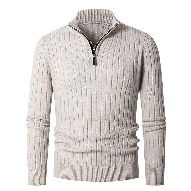 Maglione maglione lavorato a maglia da uomo di mezza età e giovane con mezza cerniera Maglione con fondo a righe verticali di tendenza europea_voghion.com