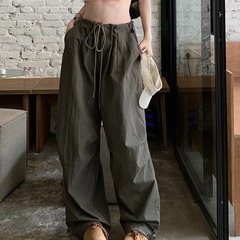 春夏レトロワークウェアハイウエストワイドレッグパンツレディース巾着韓国風ルーズスリムカジュアルストレートレッグフロアレングスパンツトレンディ