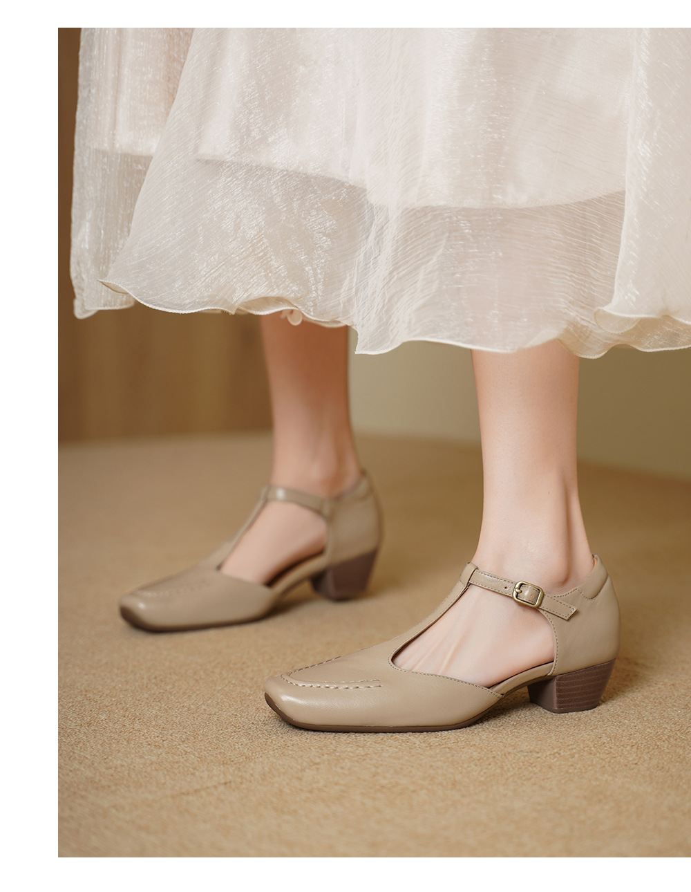 Sandal nữ cao gót mũi nhọn quai chữ T da cừu, gót 5 cm — đen chi tiết 5