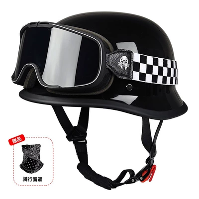 New National Standard 3C Retro: Motosiklet kaskı (dəbilqə) - bright-black-goggles-hagrid-with-face-mask-m