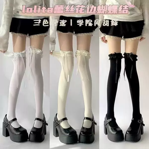 Lolita Lace Black Lolita Summer Thin Black Stockings over the Knee Socks Bow Stockings Anti-Snagging
