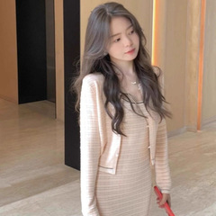 小香风甜美针织开衫女春季修身显瘦内搭收腰吊带裙长裙上衣两件套