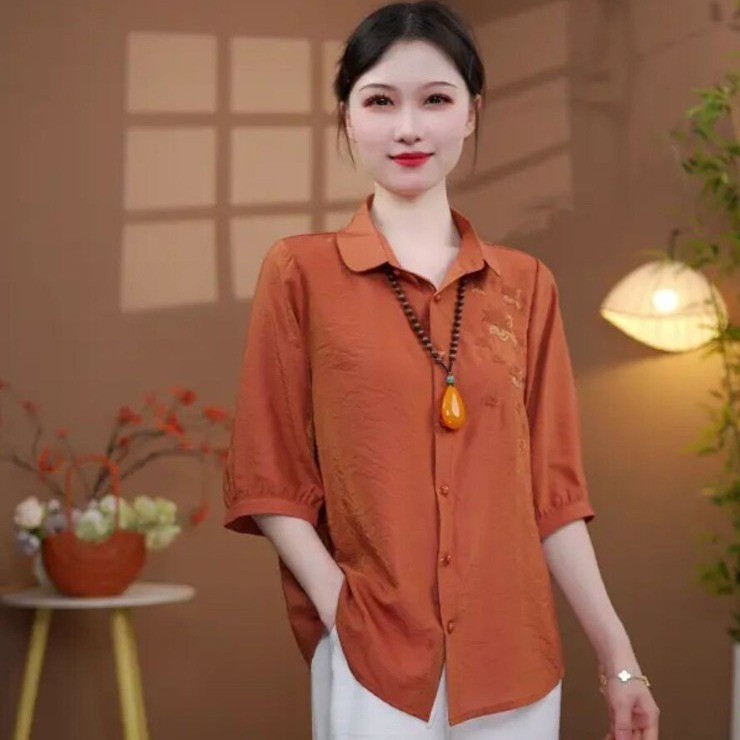 新款夏款气质刺绣翻领中袖T恤衬衫洋气减龄女装宽松薄款遮肉上衣|undefined