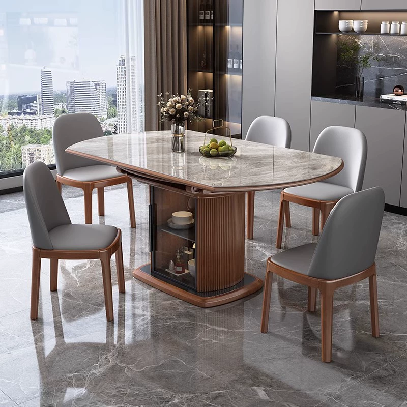 Легкий роскошный обеденный стол и стул из сланца, комбинация для небольшой квартиры, современный простой телескопический складной круглый обеденный стол из цельного дерева для хранения