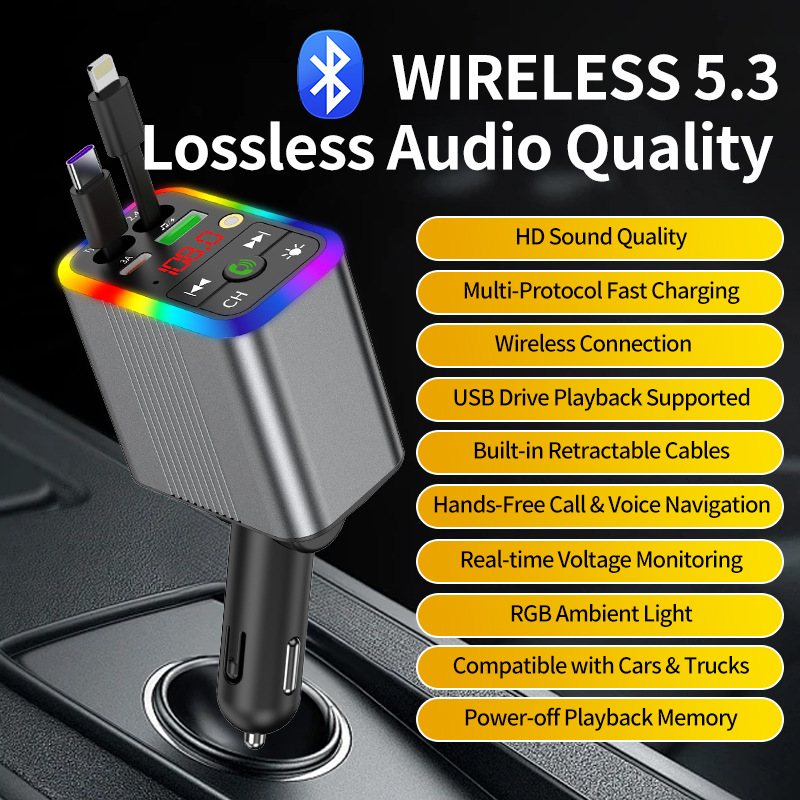 R3 car charger, Bluetooth MP3 receiver, starry sky ambient lighting, built-in retractable cable, fast charging, cross-border supply