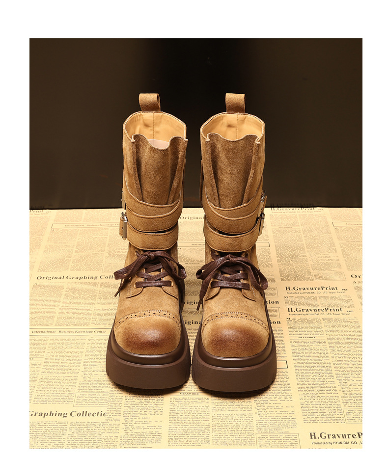 Giày boot nữ đế dày nâng chiều cao phong cách retro, khóa thắt lưng — đen chi tiết 16