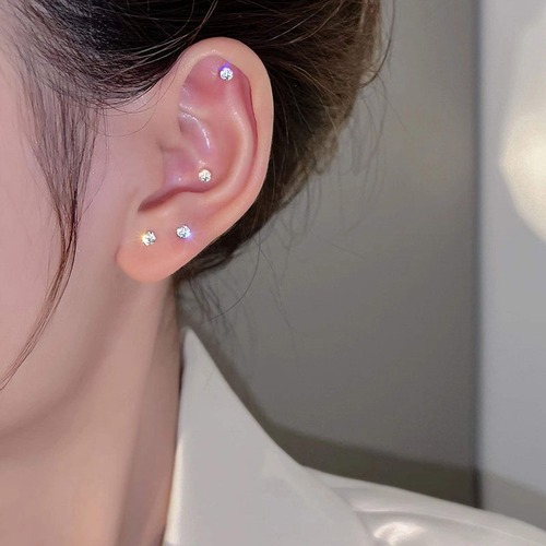 Sparkling Diamond Double-Head Ear Pin S925 Silver Needle Ear Bone Stud Screw Lock Silver Earrings Sleep Proof Removable Ear Piercing Jewelry
