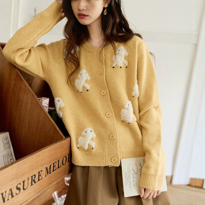 Korean-style gray casual lamb wool knit cardigan for women, 2026 autumn and winter new cartoon sweater for a youthful look