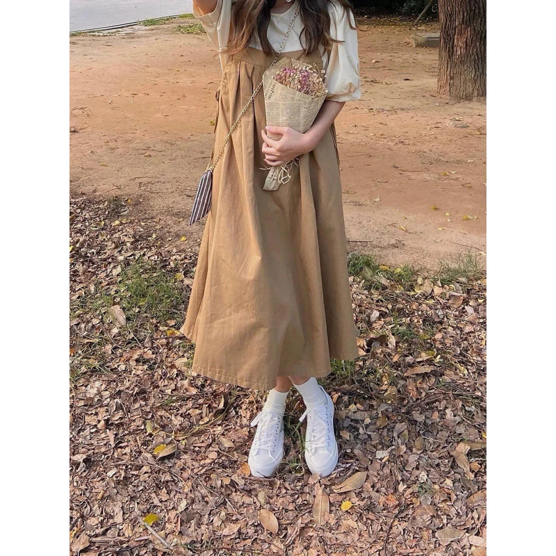 日系文艺小清新学院风背带连衣裙女学生韩版宽松中长款百搭两件套