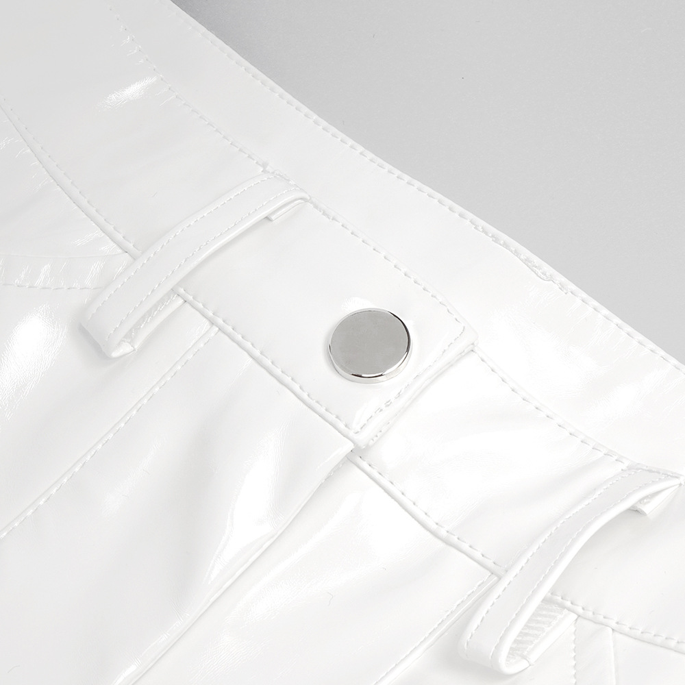 Blusa blanca de encaje elástico bajo con cuello de encaje, pantalones abiertos de cuero sintético con aberturas, conjunto sexy elástico de dos piezas, traje informal