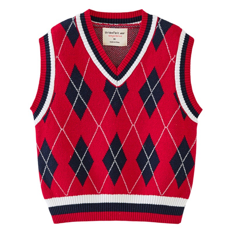 V-cuello de diamante jacquard niño chaleco suéter pequeño y medio niñas punto chaleco Escuela escuela primaria uniforme fábrica al por mayor