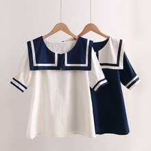 夏季新款 小清新撞色棉布衬衣女方形海军领短袖宽松减龄衬衫