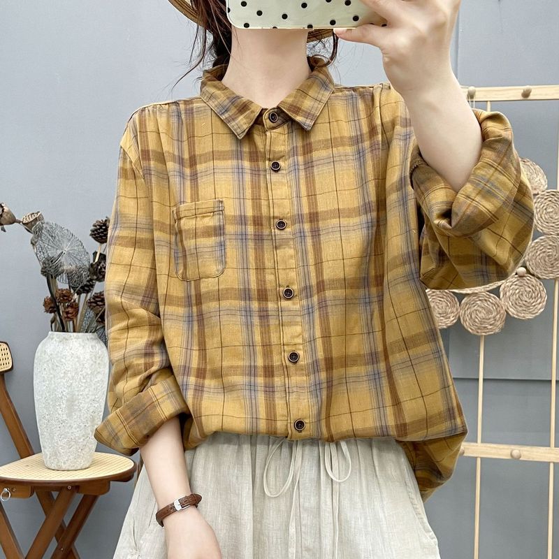 新款色织格子双层纱衬衫 女2025春秋新款休闲女韩版百搭衬衣 批发|undefined